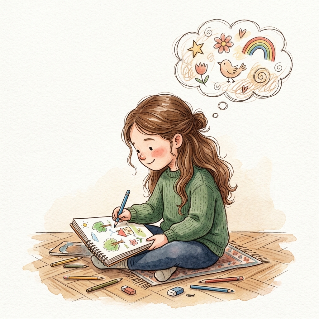 Young girl drawing in a sketchbook